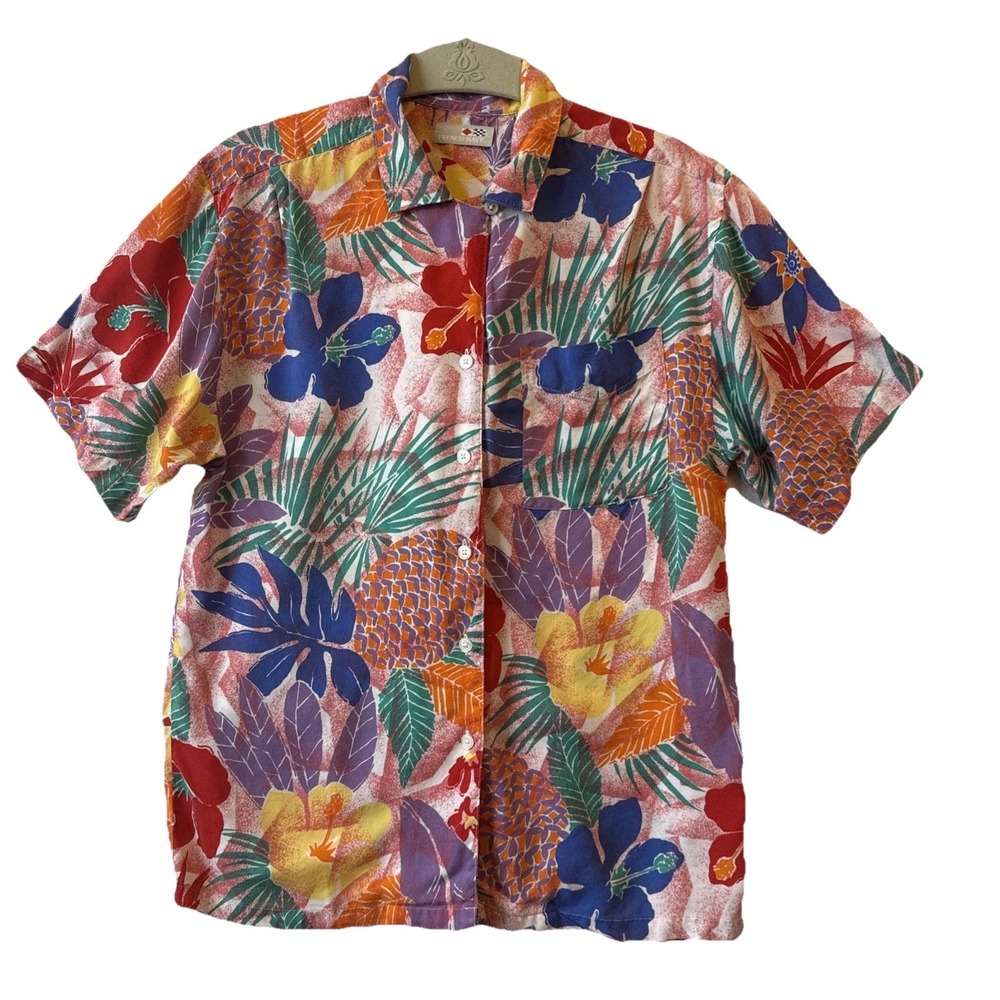 Vtg French Navy Vibrant Tropical‎ Button Up Blouse Women's M Hawaii Resort Retro